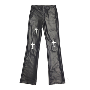 Pantalones de Cuero Negros para Hombre con Bordado de Cruz Blanca, Estilo Gótico, Cintura Alta, Cierre de Cremallera, Corte Regular, para Otoño - Product Image 2
