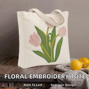 Sac fourre-tout en toile personnalisé avec broderie florale esthétique pour femmes, sac à bandoulière réutilisable en coton avec boucle magnétique pour le shopping, la gym et les cadeaux - Product Image 2