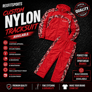 REXFIT SPORTS 2026 Ensemble de survêtement personnalisé en nylon rouge, veste à capuche entièrement zippée et pantalon avec empiècements imprimés, vêtements de sport personnalisés - Product Image 1