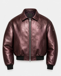 Blouson bomber en cuir véritable bordeaux pour homme avec logo embossé, col rabattu, fermeture éclair, vêtement décontracté pour l'automne - Product Image 1