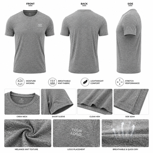 T-shirt gris chiné pour homme, manches courtes, coupe classique, séchage rapide, jersey, impression de logo personnalisé sur le devant - Product Image 6