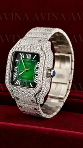 Montre de luxe à cadran vert à quartz pour homme |   Montre Hip-Hop en acier inoxydable avec bracelet carré serti de diamants, 20 mm - Product Image 2