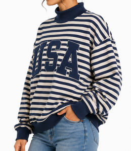 Sweat-shirt à col montant personnalisé USA, surdimensionné, avec appliqué en gingham, lettres brodées, en molleton unisexe - Product Image 3