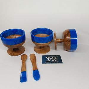 Tazón de Postre de Madera Pulida Premium con Acento de Resina Azul y Cuchara, Ecológico y de Lujo para el Hogar, Cocina, Restaurante o Regalo - Product Image 2