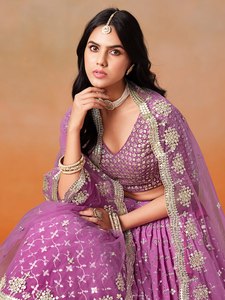 Purple Embroidered Candy Color Floor-Length A-Line Organza <b>Lehenga</b> with V-neck Crop Top and Dupatta for Bridesmaid - Product Image 5
