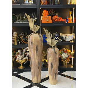 Grand vase décoratif de sol en métal doré et brun, urnes de luxe pour décoration de mariage, ornement d'entrée imposant, art métallique contemporain - Product Image 1