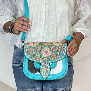 Handmade Tooled Genuine Cowhide Turquois Leather Crossbody Handbags Stylish Floral Design <b>Women</b> Crossbody Shoulder <b>Messenger</b> <b>Bag</b> - Product Image 2