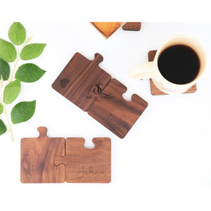 Puzzle Theme Wooden <b>Coaster</b> <b>Set</b>. Interlocking Walnut Wood Personalized Engraved Design Drink Mats For Creative Table Decor - Product Image 6