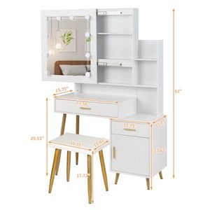 2-Drawer 1-Door 2-Shelf Mirror Cabinet with 3-Light Bulbs Particleboard Triamine Veneer White <b>Dressing</b> Table Set Makeup Vanities - Product Image 2