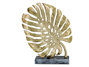 ประติมากรรมใบมอนสเตอร่าสีทองสมัยใหม่ ทำจากอะลูมิเนียม ตั้งบนฐานหินอ่อนสีเทา ตกแต่งด้วยทองเหลืองโบราณ รูปทรงใบปาล์มเขตร้อน สำหรับตกแต่งโต๊ะทำงาน - Product Image 2
