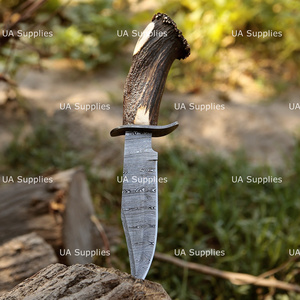 Couteau Bowie à lame fixe en acier Damas, manche en corne de cerf naturel, vente chaude, OEM ODM, marque privée, couteaux de chasse de haute qualité - Product Image 3