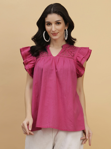 Women's Pink Cap Sleeve Blouse With Ruffles V-<b>Neck</b> Loose Fit Cotton <b>Top</b> Casual Spring Summer Wear - Product Image 2