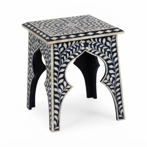 Taburete redondo hecho a mano con incrustaciones de hueso, mesa auxiliar de lujo con patrón de chevron, mesa auxiliar moderna con incrustaciones de hueso para sala de estar y dormitorio - Product Image 2