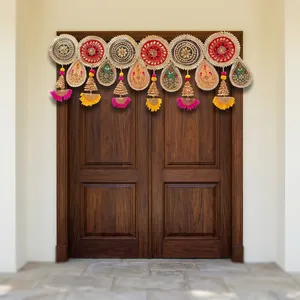 Colorful Handmade Indian Door Hanging with Golden Embroidery Traditional Motifs Tassels and Festive Wedding Decoration - Product Image 1