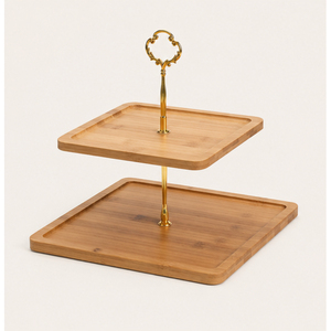 2-Tier Eco-Friendly <b>Square</b> Cake Stand with Luxury Gold Crown Handle Natural Wooden Dessert Display Tray for Cupcakes Pastries - Product Image 4