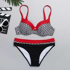 Women Geometric Print <b>Bikini</b> <b>Set</b> Push Up Top Hipster Bottom Contrast Binding Red Black <b>White</b> Stretch Swimwear - Product Image 1