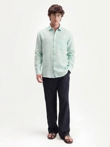 Camisa de Manga Larga para Hombre Enovate, Color Azul Agua Sólido, Informal, Transpirable, Tejido de Lino Beige, Fusión sin Costuras - Product Image 1