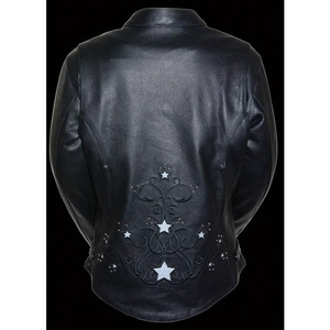 Veste en cuir noire pour femme, manches longues, broderie en strass, toutes saisons, vêtements de moto - Product Image 4
