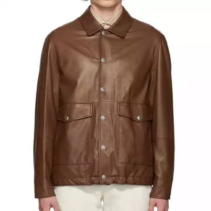 <b>Men's</b> <b>Brown</b> Genuine <b>Leather</b> <b>Jacket</b> Turn-down Collar Casual Style Regular Fit Autumn Wear - Product Image 1