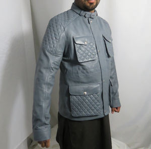 Chaqueta de cuero genuino gris premium para hombre con parches acolchados en los hombros, venta al por mayor, cuatro bolsillos, chaqueta de alta calidad personalizada. - Product Image 2