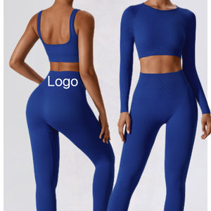 Conjunto de Yoga para Mujer con Logotipo Personalizado, Top Corto de Manga Larga Acanalado sin Costuras Naranja y Leggings de Cintura Alta, Conjunto Deportivo de Dos Piezas para Gimnasio y Fitness - Product Image 2