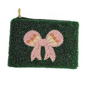 Hot Selling Beaded Mini Coin <b>Purse</b> with Bow Design with Top Zipper Closure Small Size for Pouch Key Cash & Card Multipurpose Use - Product Image 1