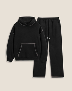 Conjunto Deportivo Unisex de Algodón Negro 2026, Sudadera con Capucha y Pantalones Largos, Corte Holgado, Color Sólido, Ropa Casual de Otoño - Product Image 1
