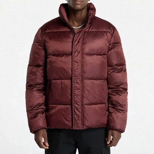 Chaqueta de plumón para hombre, color granate, para invierno, gruesa, brillante, con cuello alto, cremallera completa, informal, estilo urbano, abrigo cálido. - Product Image 1