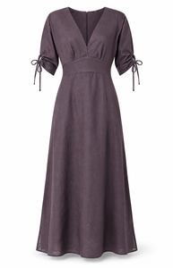Boutique Quality Linen Maxi Dress Deep V Neck <b>Three</b> Quarter Sleeve Slit Front Regular Bohemian Eco-Friendly Straight Silhouette - Product Image 6