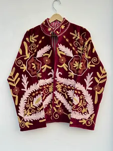 Luxury Burgundy <b>Velvet</b> Suzani <b>Jacket</b> with Tropical Floral Embroidery Full Sleeve Stand Collar Bohemian <b>Women's</b> Winter Coat - Product Image 1