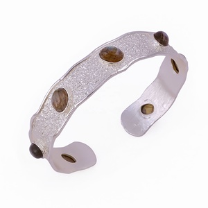 Natural Labradorite Oval Cabochon Textured Open Cuff Bangles <b>Silver</b>/Gold Handmade Stone <b>Adjustable</b> Trendy Statement <b>Bracelets</b> - Product Image 5