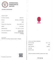 Rubis naturel certifié IGI, taille ovale, 1,46 carats (7,91*6,05*3,12 mm), couleur rouge premium, lustre excellent, origine Mozambique, pierre précieuse pour
