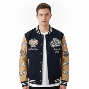 ELIOT BRGS. Men's Navy Varsity <b>Jacket</b> With Tan Sleeves Embroidered Patch Design Vintage Style Autumn Wear - Product Image 2