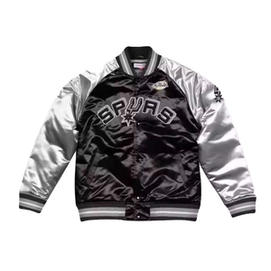 Blouson universitaire pour homme noir et argenté avec lettrage brodé, col montant, décontracté, pour l'hiver, en toile unie, fermeture éclair frontale, style urbain - Product Image 1