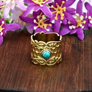 Turquoise <b>Statement</b> <b>Ring</b> Hammered Band Gold Vermeil Bohemian Festival <b>Ring</b> Gift for Her - Product Image 1