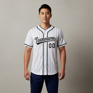 Camiseta de béisbol para hombre, a rayas, blanca y negra, transpirable, manga corta, con botones al frente, nombre del equipo personalizado, estampado 00, corte regular, para todas las estaciones - Product Image 1