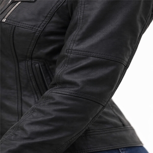 Veste en cuir noir ajustée pour femme avec fermeture éclair intégrale sur le devant, style moto, manches longues, col montant, style streetwear - Product Image 5