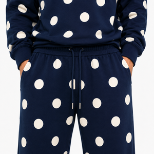 Ensemble de survêtement 2 pièces pour homme à pois, bleu marine, sweat-shirt à col rond, pantalon ample en molleton, décontracté, streetwear, logo personnalisé, vente en gros - Product Image 4