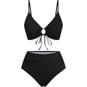 Conjunto de Bikini Clásico Negro para Mujer, Textura Acanalada, Traje de Baño de Dos Piezas, Cintura Alta, Control de Abdomen - Product Image 2