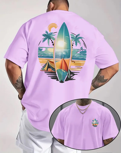 Men's Purple T-Shirt Short Sleeve O-Neck Digital Print Beach Surf Design Regular Fit 100% Cotton Jersey Breathable Casual Style - Product Image 3