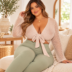 Top Corto de Punto Beige para Mujer, Manga Larga, Cuello en V, Lazo, Sexy, para Club, Verano, Transpirable, Color Sólido, Tejido a Mano - Product Image 5