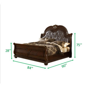 Mahogany <b>Panel</b> Bed features an upholstered <b>headboard</b> and intricate wood carvings with nightstands and mirrors for bedroom use - Product Image 3