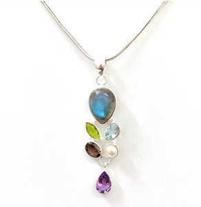 Pendentif géométrique artisanal multi-pierres précieuses en argent pur 925, bijoux fins de fête en gros par JAIPUR SILVER - Product Image 2