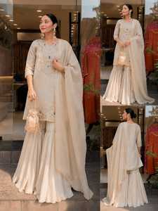 Conjunto de Salwar Kameez Beige Bordado, Ropa Tradicional Regional, Dupatta Pesada, Ropa Formal - Product Image 3