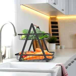 Panier de rangement à 2 niveaux, panier à fruits, étagère de rangement multifonctionnelle en métal pour comptoir de cuisine, bureau, organisateur de bureau, noir - Product Image 2