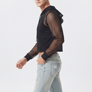Men's Black Sheer Mesh Hoodie Crop Long Sleeve <b>Fishnet</b> Mesh Hoodies Men 100% Polyester Beachwear Mesh Hoodies Mens - Product Image 3