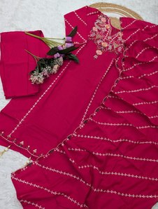 <b>Red</b> Pure Viscose Chanderi <b>Silk</b> Ankle-Length Traditional Indian Pakistani Women's Dress Embroidery Regular Fit Quick Dry for - Product Image 1