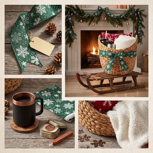Panier cadeau en jacinthe d'eau avec ruban flocon de neige, décorations de Noël, artisanat, panier de rangement rond, style traditionnel - Product Image 2