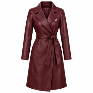 Abrigo Cruzado de Cuero Genuino para Mujer con Cinturón |   Gris Camel Negro |   Fabricante OEM ODM |   Diseño de Calidad Premium |   Ropa de Cuero | - Product Image 1