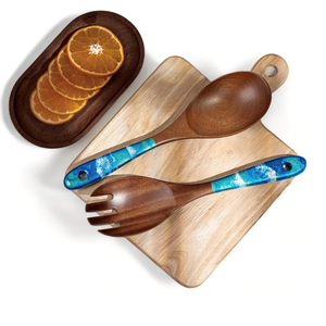 Juego de Cubiertos de Madera para Ensalada, 2 Piezas, Cuchara y Tenedor con Mango de Resina Azul Marmoleada, Utensilios de Cocina - Product Image 6